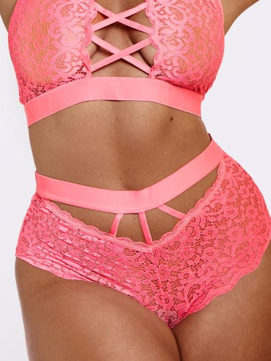 A rose pink lace Brazilian brief with a high waistband and cheeky caging detail.