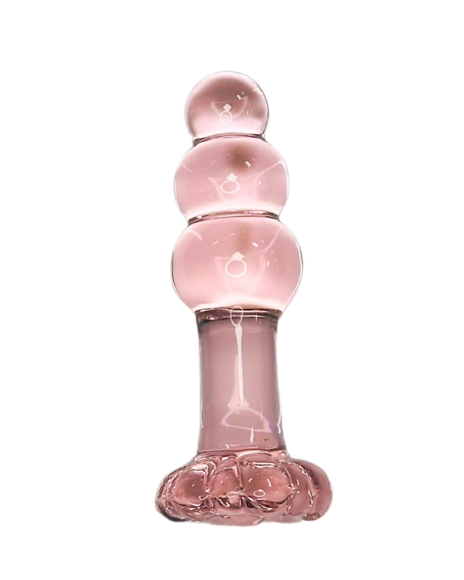 Brand X toys 3-stage Flower Power pink glass sex toy featuring graduated beaded spheres and a floral base.