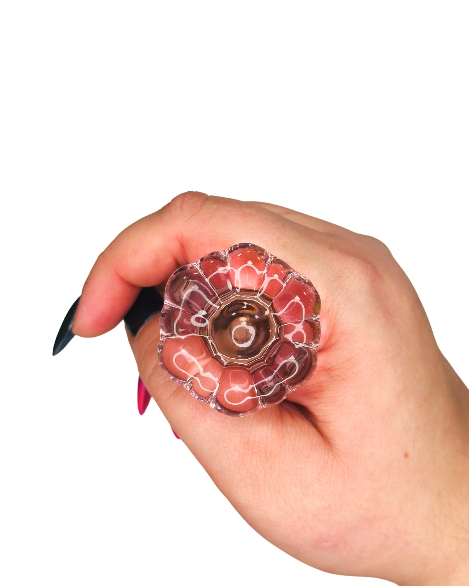 Brand X sex toys - bottom view of the 3-stage Flower Power pink glass adult toy showing the decorative flower-shaped base.
