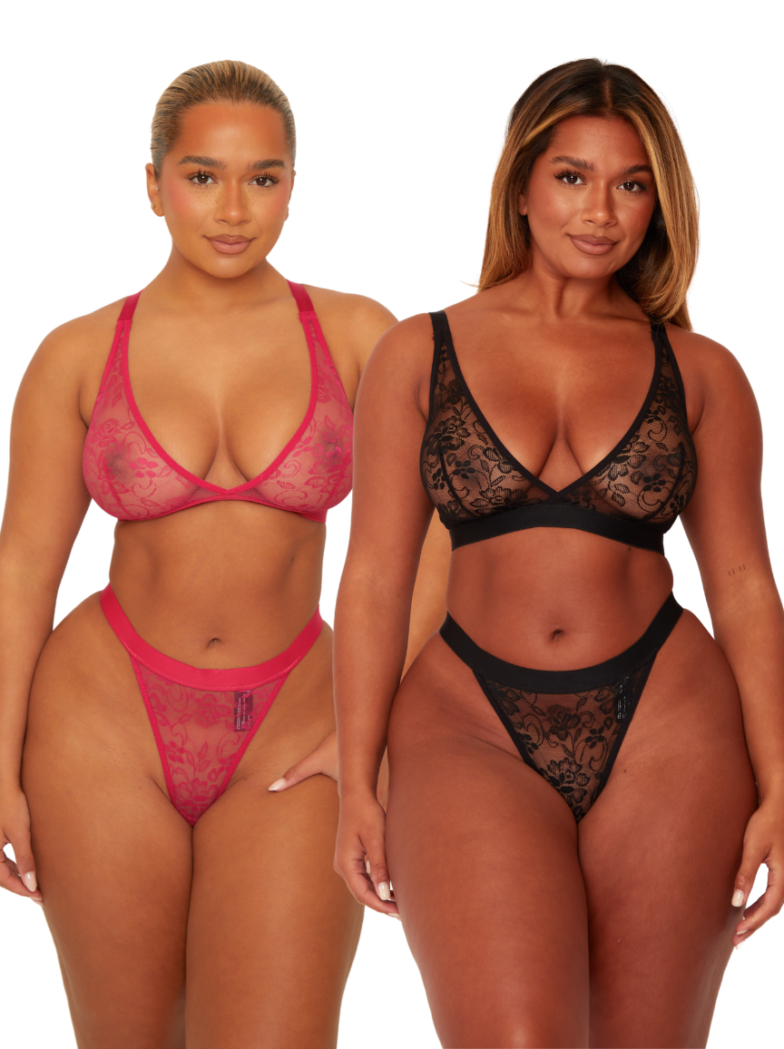 Millie-Mae Twin Pack Triangle Bralettes & Thong Set : Black & Very Cherry