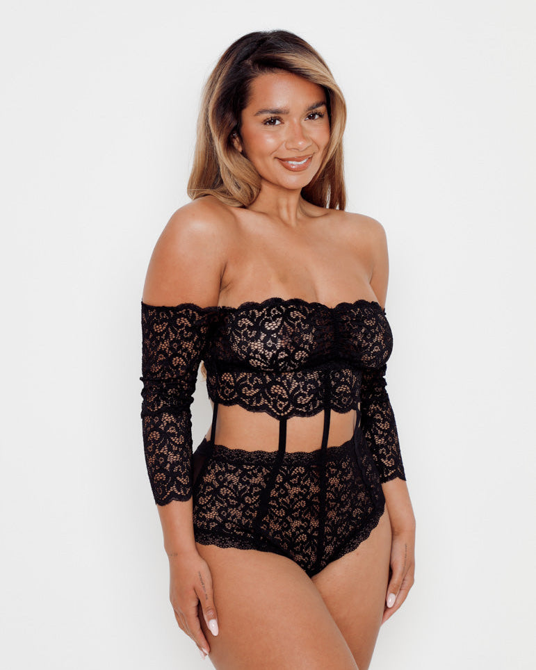 Strapless Alix Bodysuit by Tutti Rouge showcasing elegant floral lace, supportive fuller bust construction and sculpting silhouette.