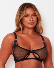 Front close-up of the Tutti Rouge Aphrodite black bra with fishnet cups, cut-out detailing and gold-tone strap rings.