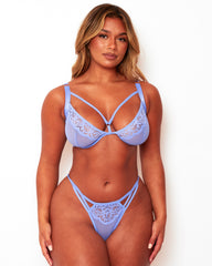 Front view of Tutti Rouge Artemis pale blue lace and mesh lingerie set with underwired bra and strappy thong.