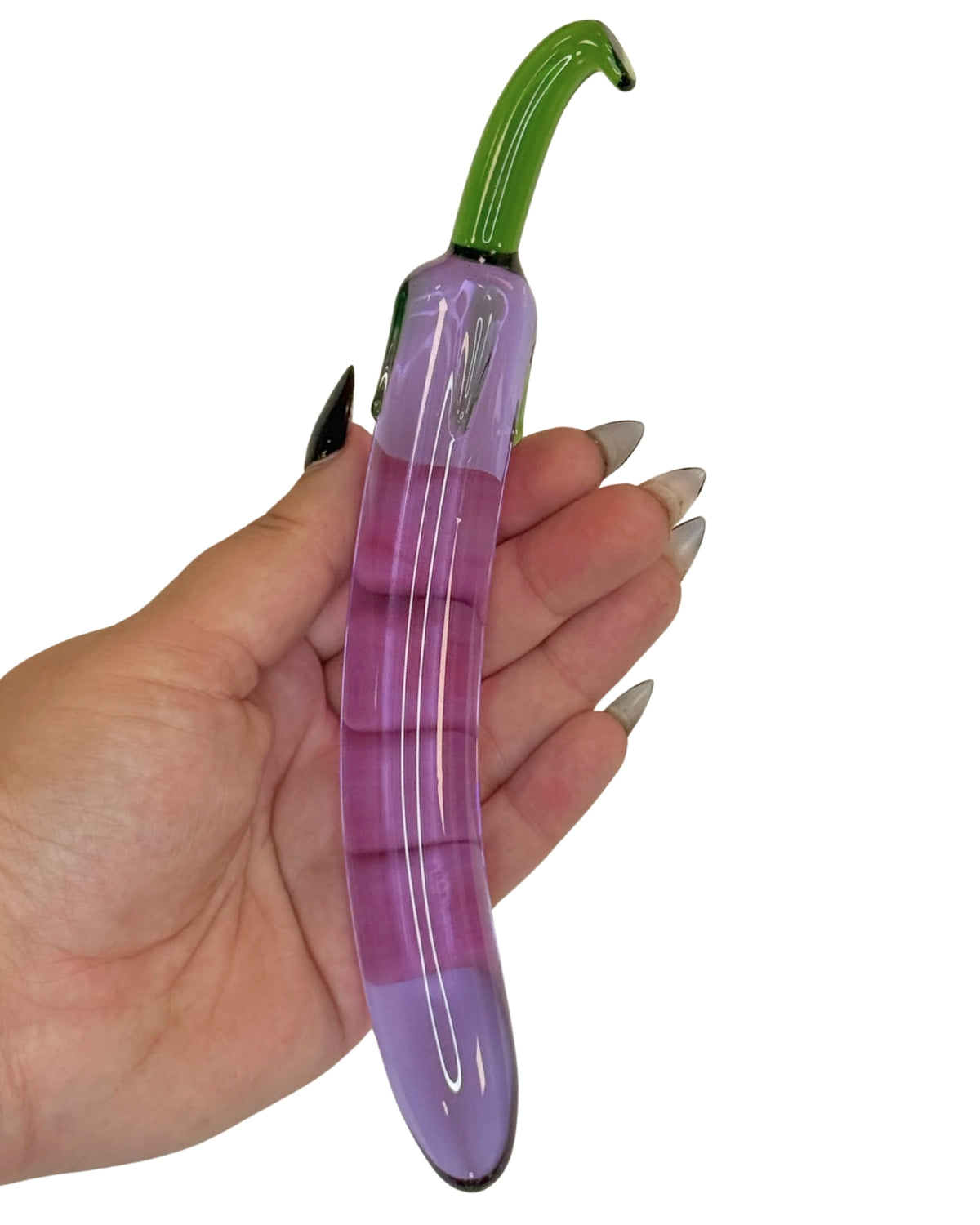 Brand X toys Aubergine Queen glass dildo shaped like an eggplant with a green stem, held in hand.