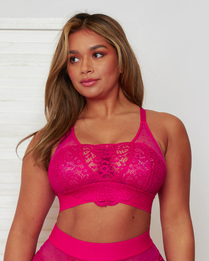 Three-quarter front view of the Beccs Fuller Bust High Coverage Bralette in Very Cherry featuring floral lace cups, sheer mesh neckline, supportive wide underband and a flattering fuller bust fit.