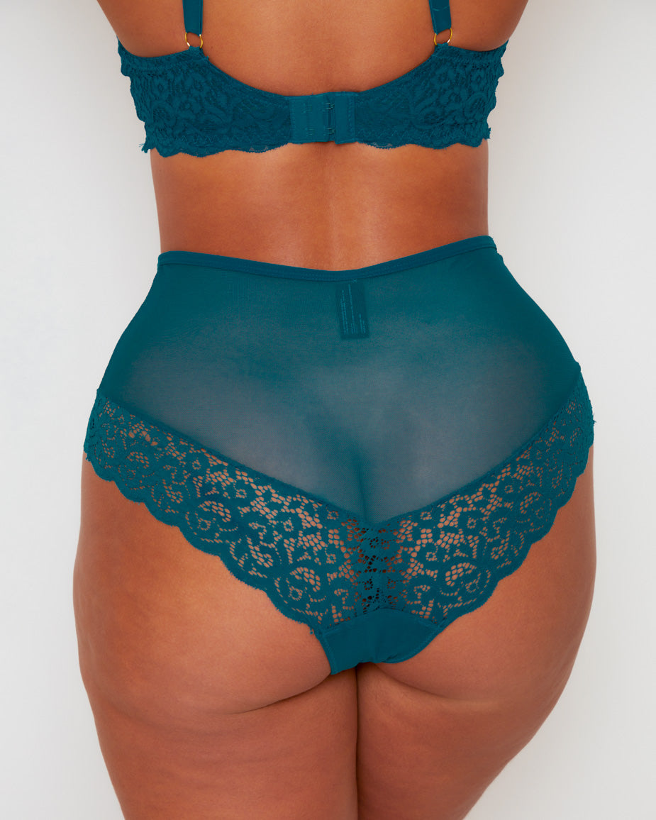 Back view of the Bellatrix High Waist Brief in Blue Coral featuring soft stretch mesh, delicate floral lace panels and a flattering high-waisted silhouette with cheeky back coverage.