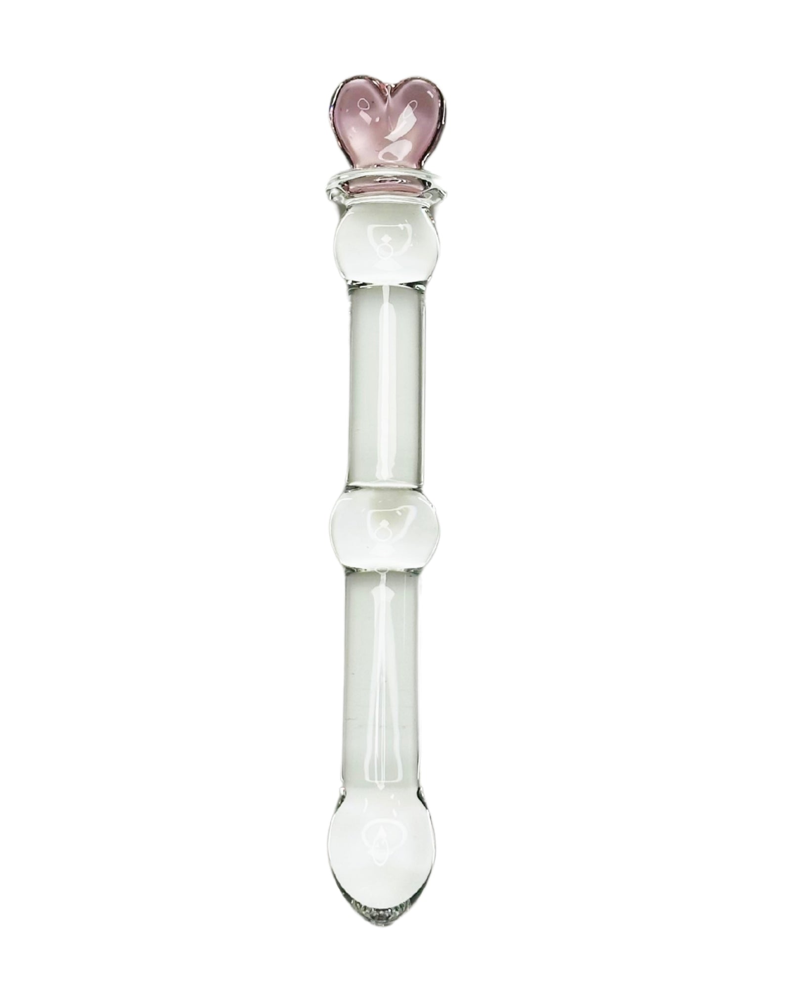 Brand X by Tutti toys Capture MY Heart clear glass sex toy with segmented nodes and a pink heart topper, isolated on white