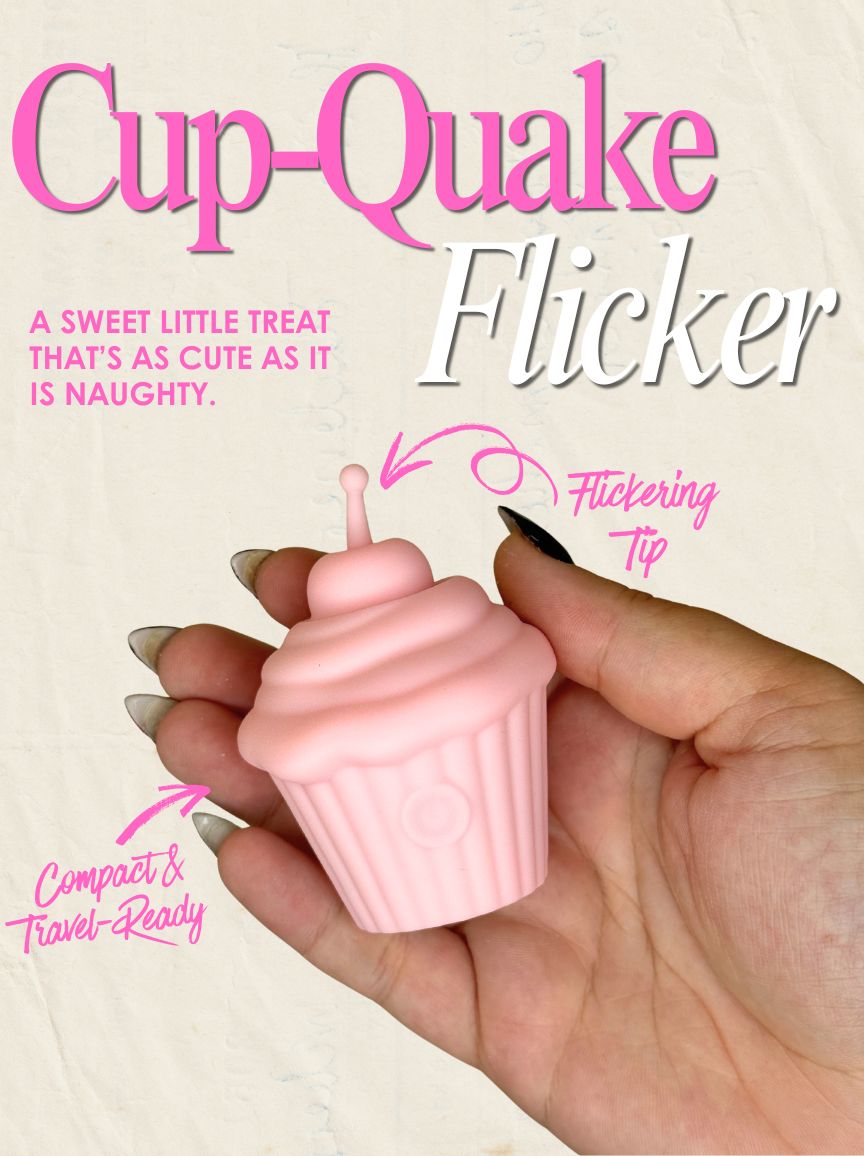 Pink cupcake-shaped discrete sex toy with text on a beige background