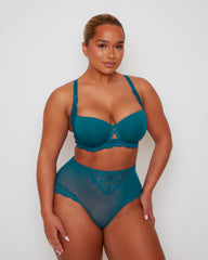 Angled front view of Tutti Rouge Daley moulded bra and Bellatrix mesh and lace high waist briefs in Blue Coral.