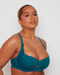 Close-up of Tutti Rouge Daley bra in Blue Coral with centre cut-outs, underwired cups and scalloped lace underband.
