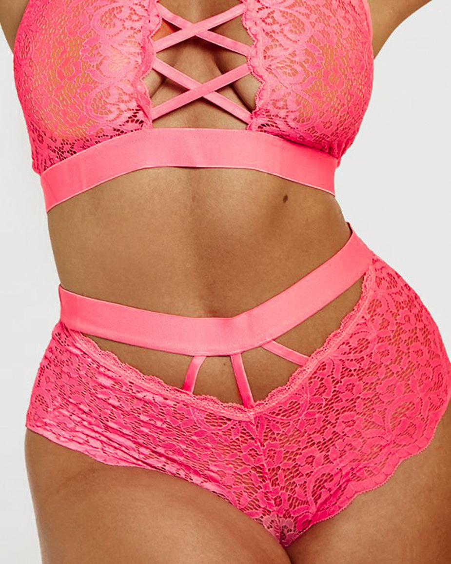 Three-quarter view of the Elektra Bralette & Brief Set in Rose Pink, highlighting the beautiful floral lace, supportive underband, and contemporary strap details that flatter every curve.