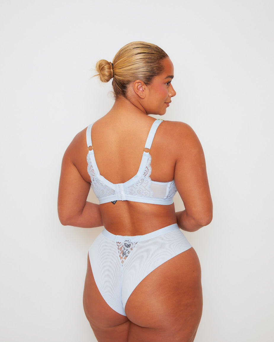 Back view of the Tutti Rouge Frankie Bralette in Ballad Blue paired with the matching Frankie Brazilian Brief, showcasing adjustable straps, supportive back fastening and the Brazilian brief's flattering back design.