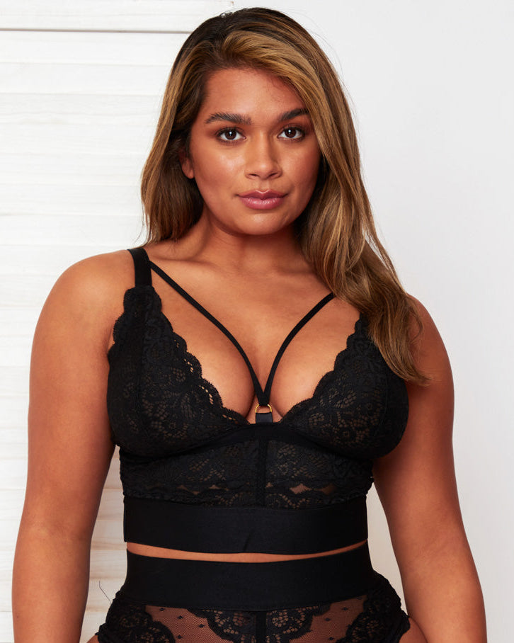 Front view of the Gia Bralette in Black by Tutti Rouge, featuring soft floral lace cups, elegant strappy detailing at the neckline, and a wide supportive underband for a flattering and comfortable fit.