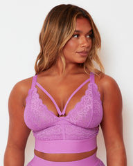 Front close-up of the Tutti Rouge Gia Pillow Purple bralette with floral lace cups, neckline straps and a deep underband.
