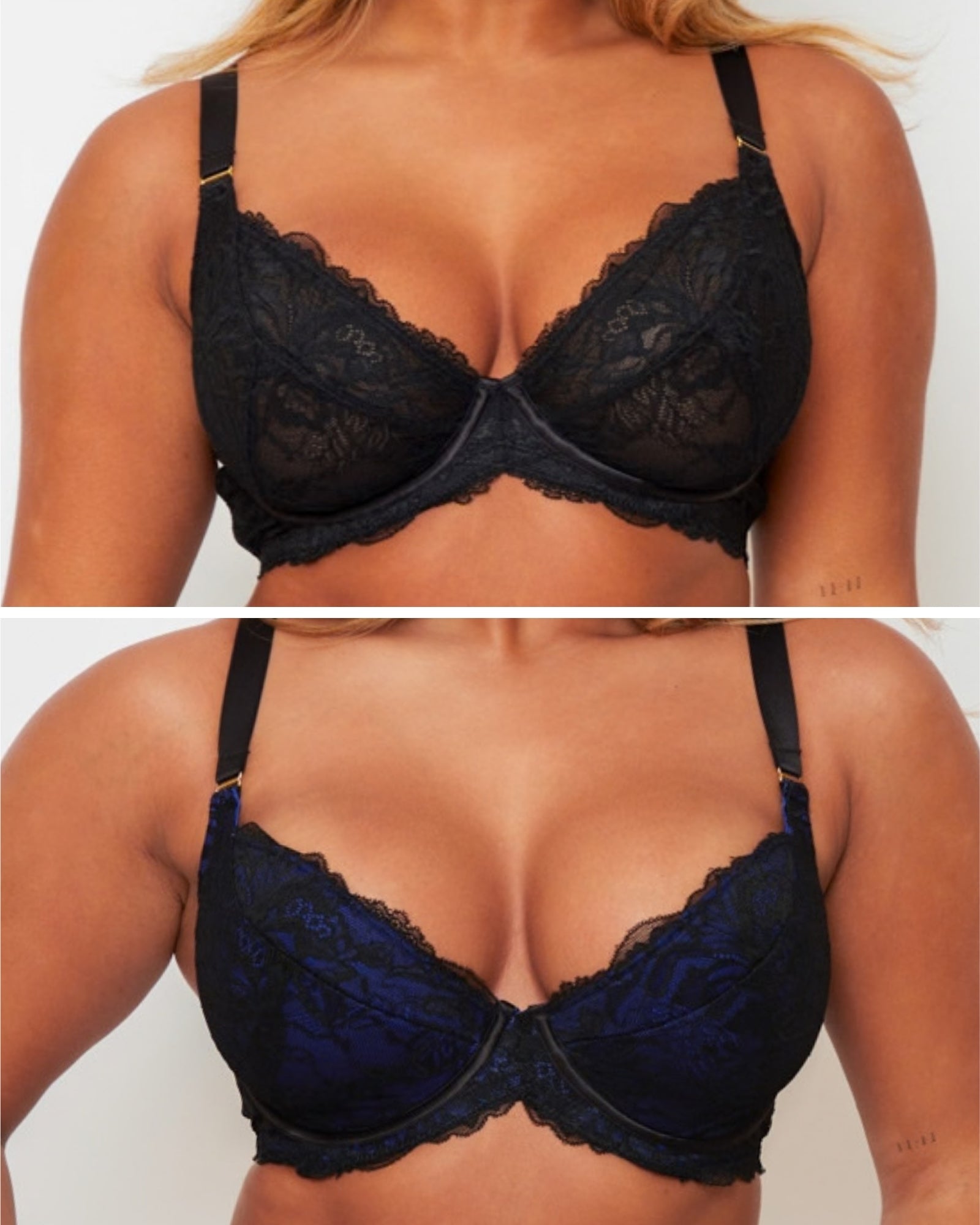 Tutti Rouge Plunge Bra Bundle featuring Harlow non-padded lace bra in Black and Ramona padded lace bra in Devil Blue, shown on a model.
