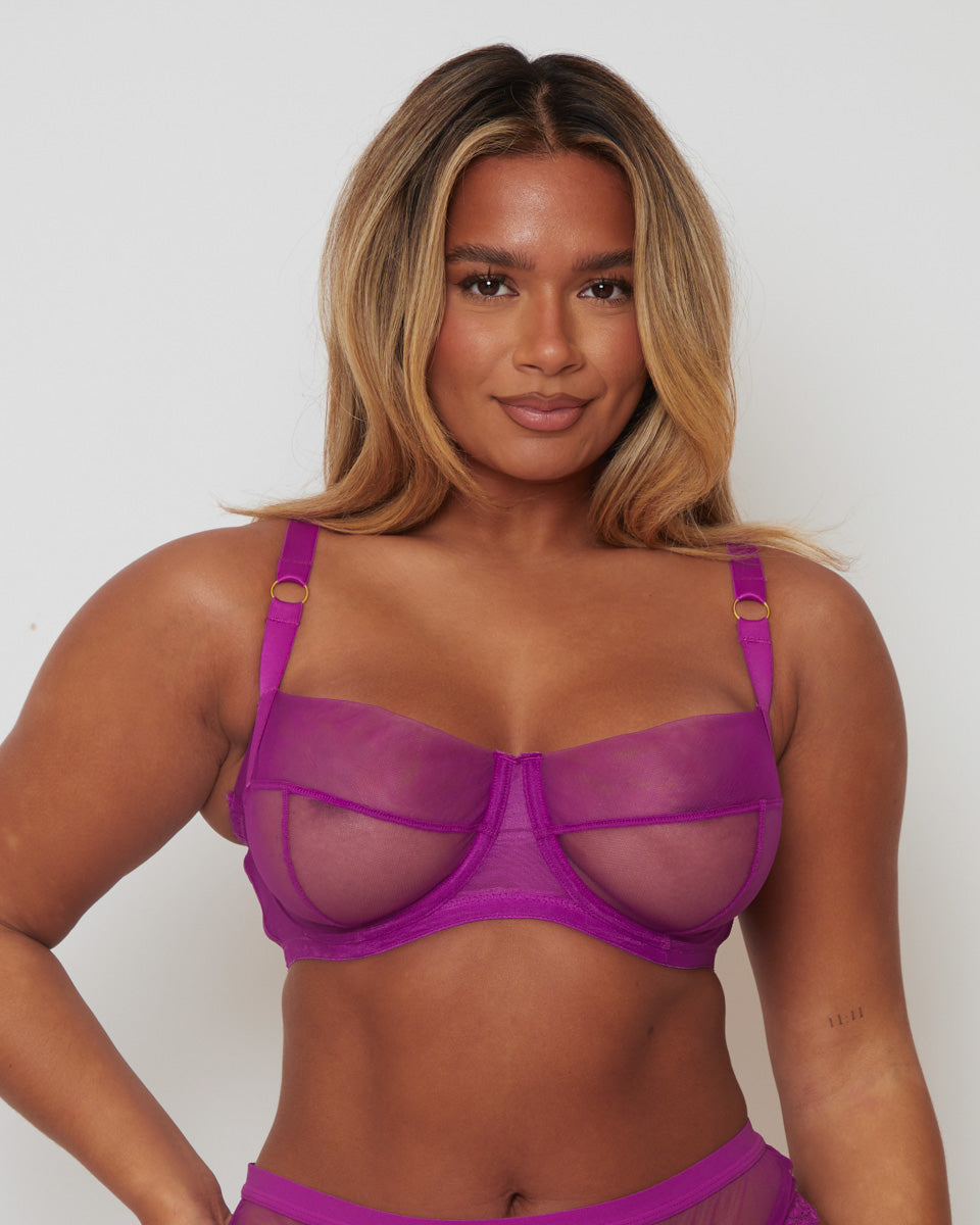 Close-up of the Tutti Rouge Raya Sheer Balcony Bra in Vamp Purple, a supportive fuller bust balcony bra with sheer mesh cups for DD+ sizes.