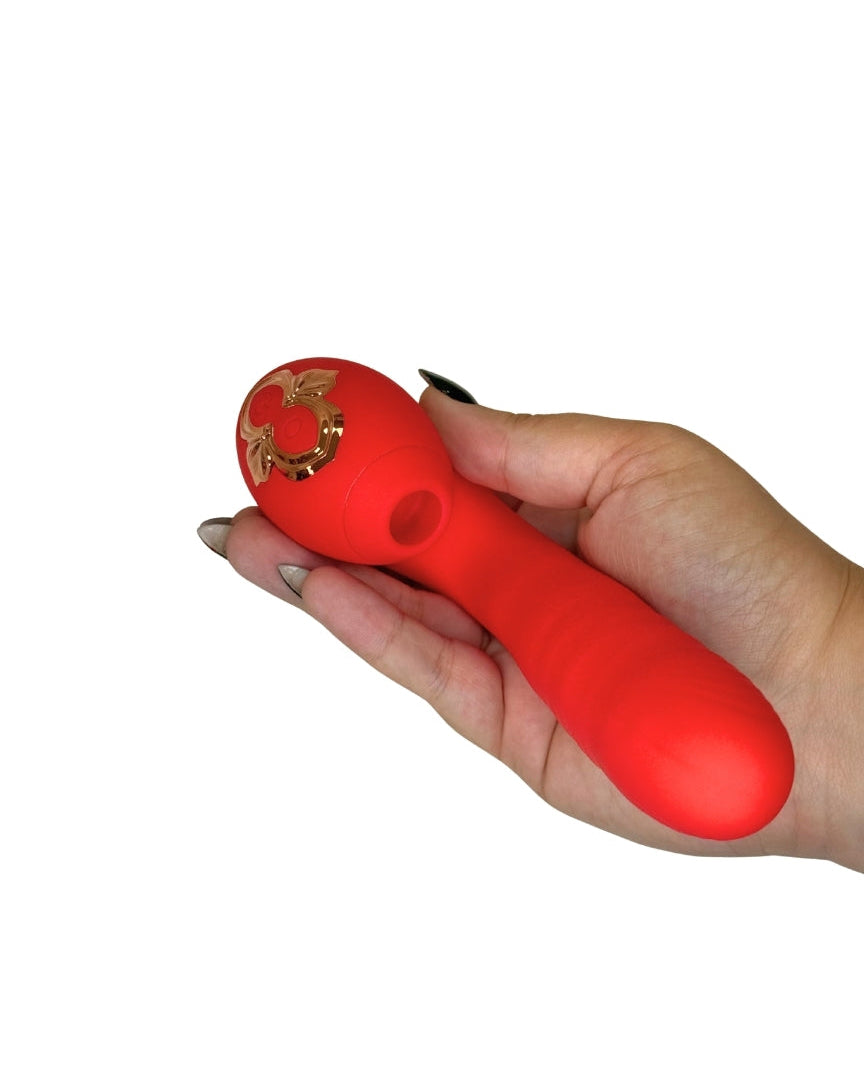 Hand holding a red object with a gold emblem on a white background