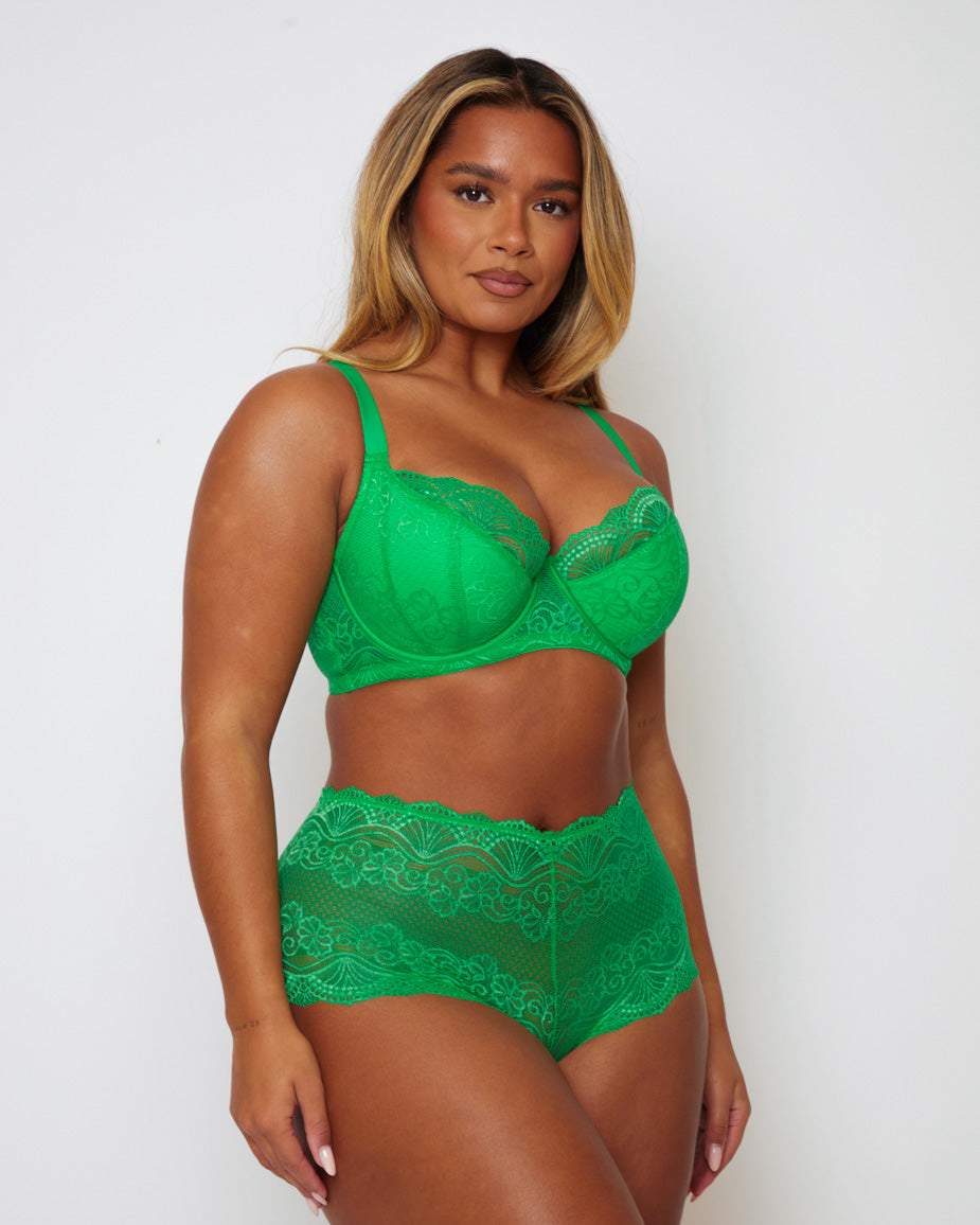 Tutti Booster fuller bust bra and brief in Ample Apple green, front view