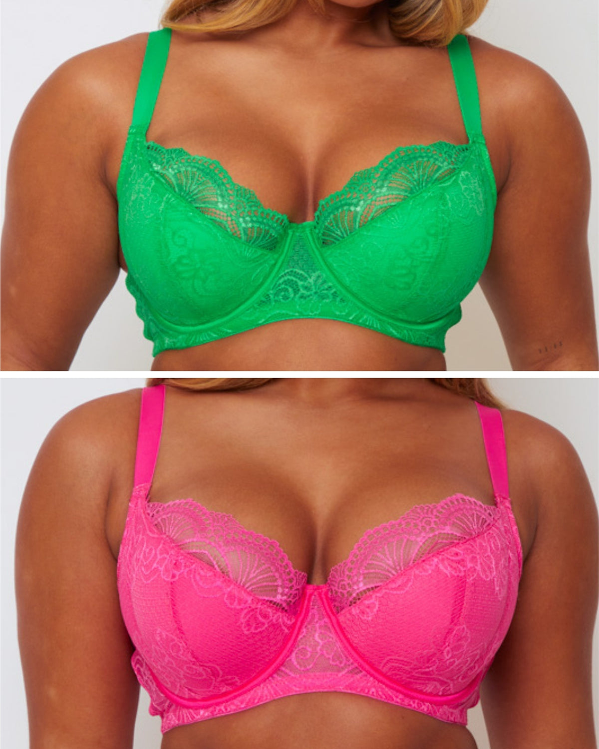 Tutti Booster Bra Bundle in Ample Apple and Saucy Strawberry featuring underwired plunge bras with supportive cups and intricate lace detailing.