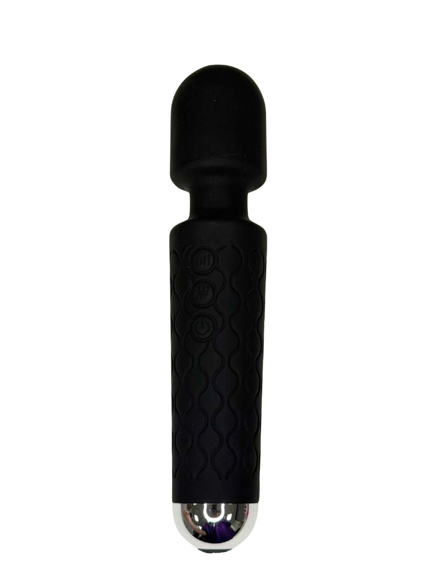 Black handheld massager with a metallic detailing on a white background