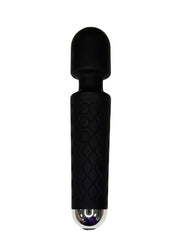 Black handheld massager with a metallic detailing on a white background