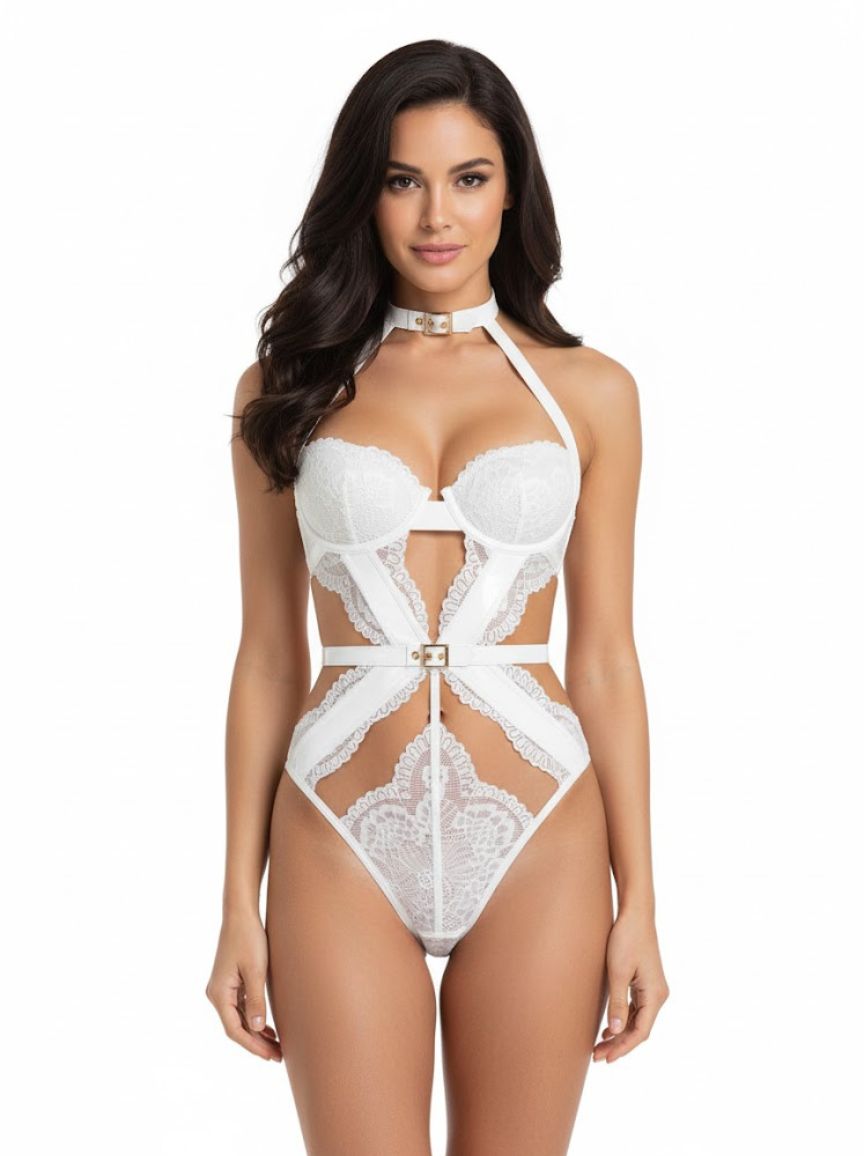 White lace lingerie set worn by a model on a white background