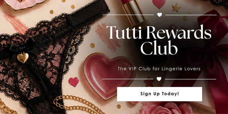 Tutti Rewards Club promotional banner featuring black lace lingerie, a heart-shaped trinket, lipstick and a gift box with red ribbon, inviting customers to join the Tutti Rouge VIP rewards programme for lingerie lovers.