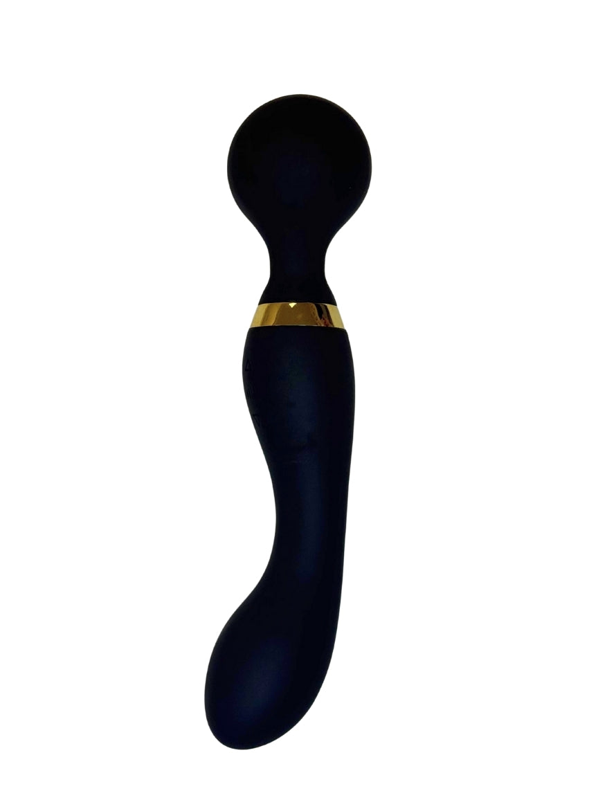 Black massage roller with gold accent on a white background