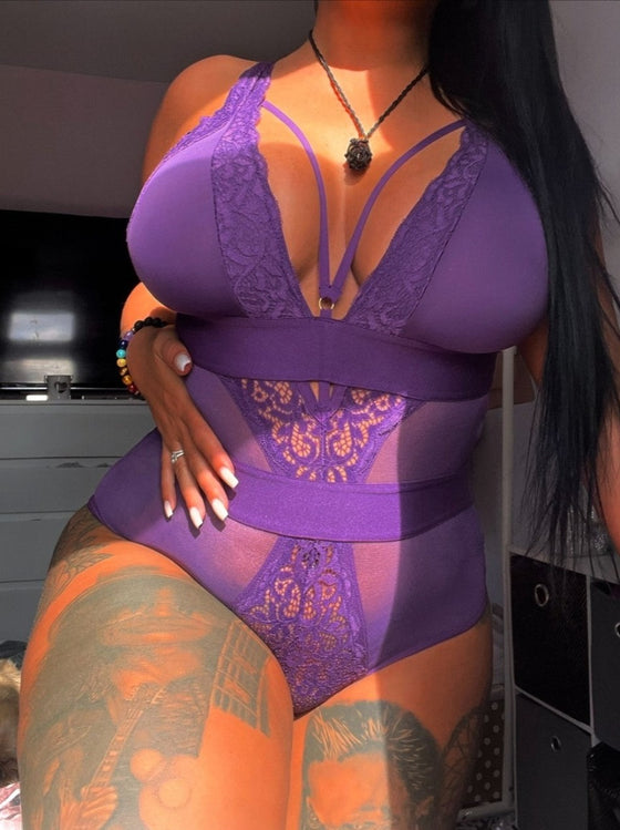 Influencer wearing beautiful Alicia bodysuit in plush purple
