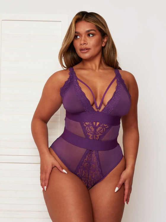 Alicia plush purple bodysuit in mesh with lace detailing