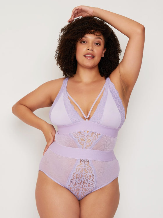 Alicia Bodysuit in Soft Lavender in mesh with lace detailing